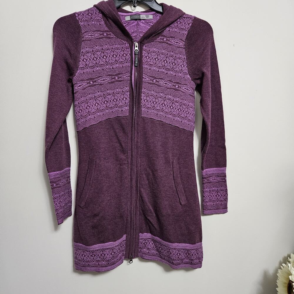 Athleta Wool Blend Long Hooded plum Zip Up Sweater Cardigan sz S Nordic Trim